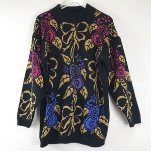 Vintage Metallic Knit Floral Rose Pullover Chunky Knit Holiday Sweater USA Made